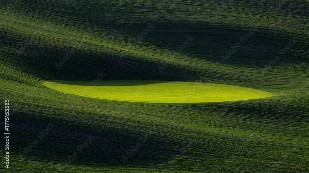 Obraz premium golf. Ancient golf course green glowing in morning light, manicured grass surface. event key visuals, club posters, designed for fitness apps and gym onboarding, used by fitness trainers.