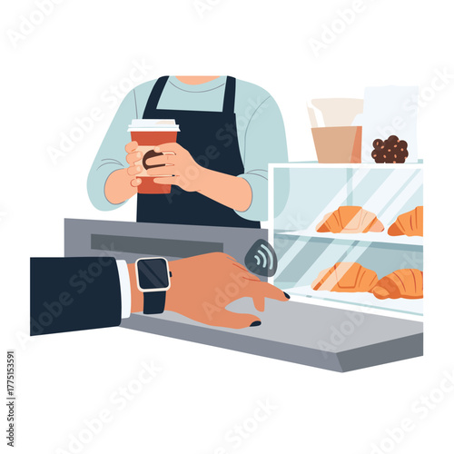 Customer uses a smartwatch for contactless payment at a modern cafe while a barista serves coffee and pastries.