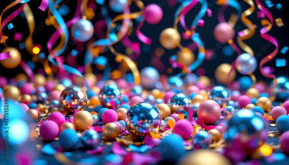 Naklejka premium Vibrant Celebration Scene with Reflective Spheres and Confetti