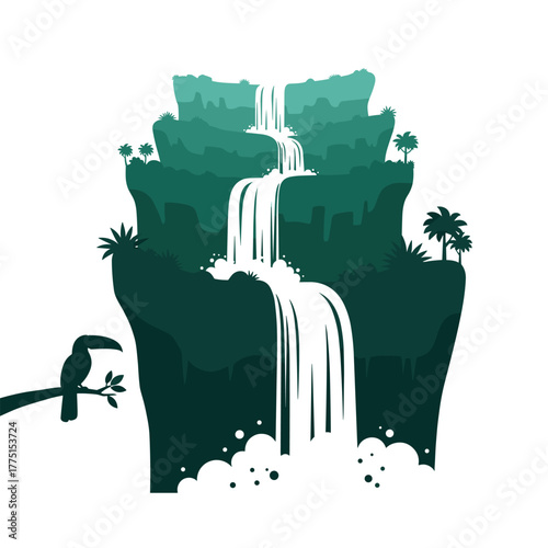 Beautiful layered landscape with multi-tiered waterfalls, lush tropical foliage, and a toucan in a serene, stylized illustration.