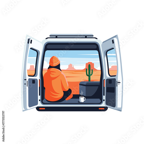 Person relaxing in the back of a camper van, enjoying a hot drink and the vast desert landscape with rugged mountains and a lone cactus.
