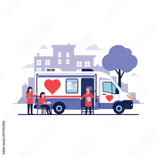 Mobile blood donation unit providing health services and collecting donations in an urban setting.