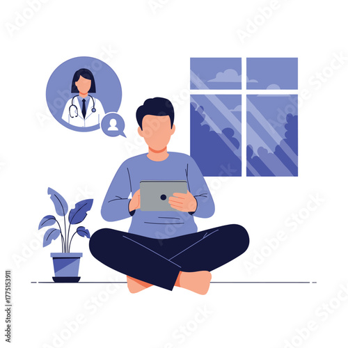 A man consults with a female doctor online via a tablet from the comfort of his home, emphasizing telemedicine and remote healthcare.