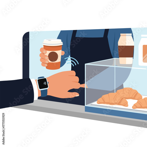 Customer uses a smartwatch for contactless payment at a cafe counter, buying coffee and pastries from a barista, illustrating modern, convenient transactions.