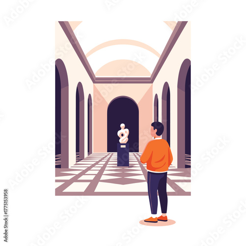 A man stands in a spacious museum hall, admiring a modern sculpture on display, surrounded by classical architecture.