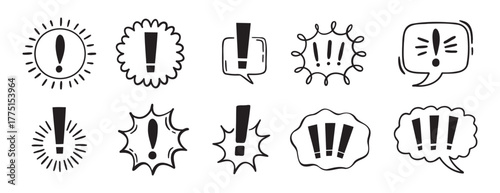 exclamation mark icon with bubble chat set, comix exclamation mark icon doodle hand drawn. Outline line drawing clipart symbol