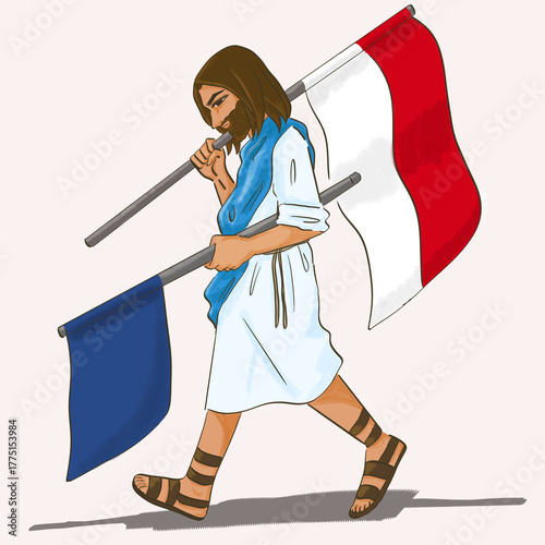 Jesus bringing two flags Indonesia flag