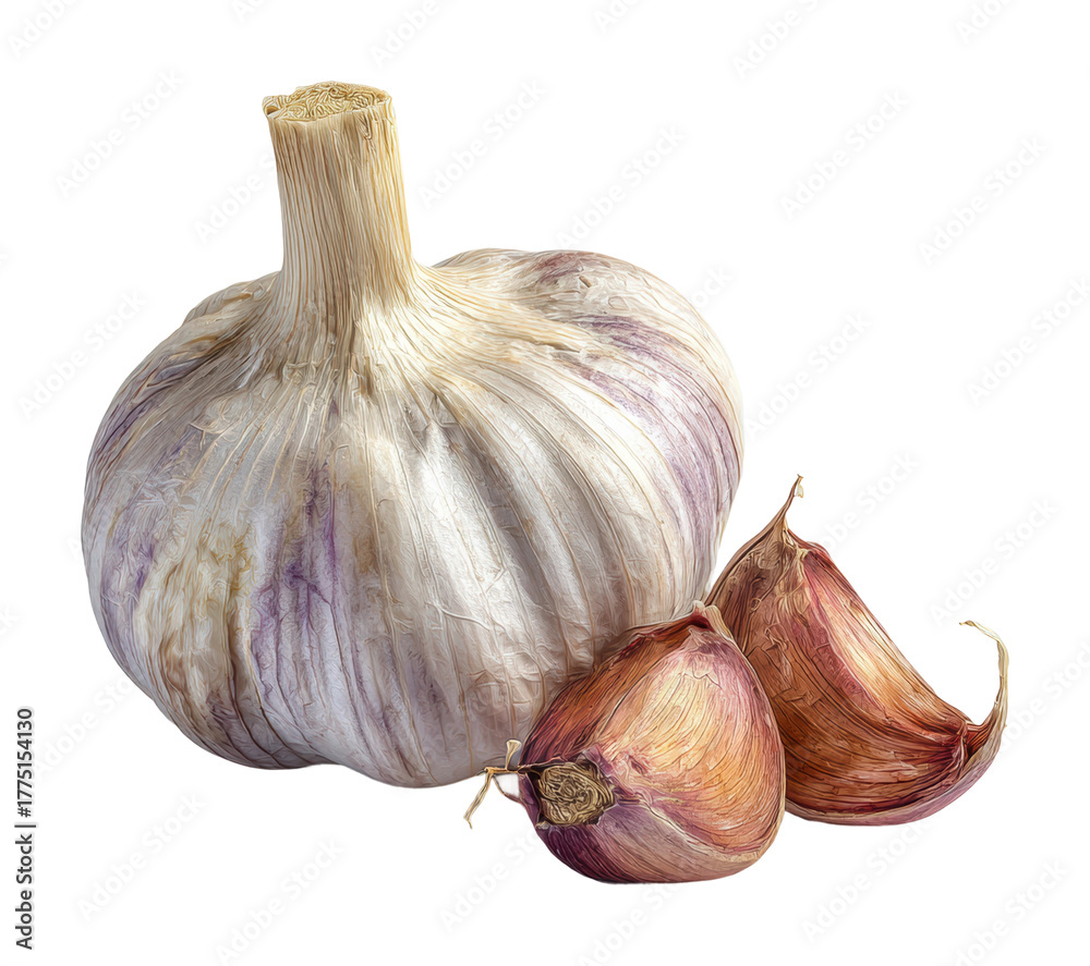 Obraz premium Cooking essential garlic bulb and cloves culinary kitchen natural isolated on transparent background