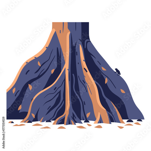 A stylized illustration of the sturdy base of a tree featuring large exposed roots, scattered fallen leaves, and a tiny frog climbing its trunk.