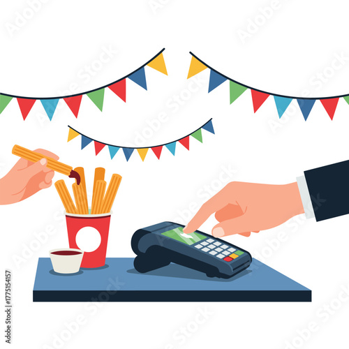 Hand dipping churro in chocolate sauce while another hand makes a contactless payment on a POS terminal at a festive event.