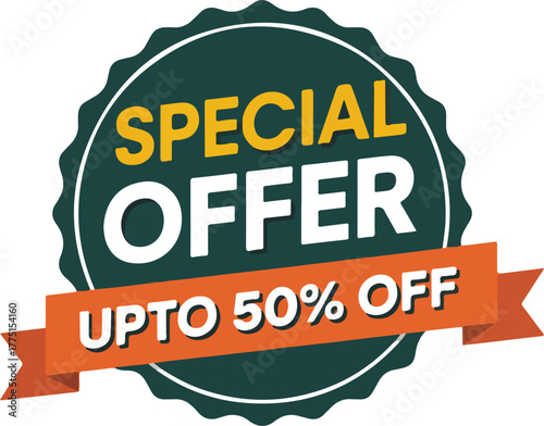 A special offer badge with upto fifty percent off
