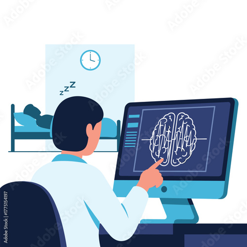 Medical professional conducts a sleep study, observing brain activity patterns of a patient resting in bed on a computer monitor.