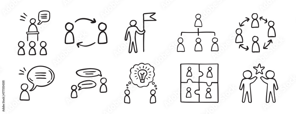 Fototapeta premium meeting team icon work team doodle hand drawn icon set. Outline drawing line clipart symbol collection