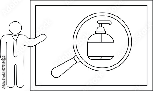 A figure points to a framed image of a magnifying glass focused on a soap dispenser