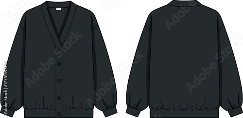 Black cardigan, V-neck design, button front, ribbed cuffs, ribbed hem, long sleeves, lifestyle apparel, casual fashion, unisex clothing, modern garment