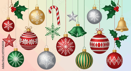 Collection of Christmas ornaments including baubles stars bells and candy cane festive vector illustration for holiday decoration and design