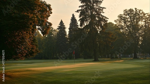 golf. Ancient golf course green glowing in morning light, manicured grass surface. event key visuals, club posters, designed for fitness apps and gym onboarding, used by fitness trainers.