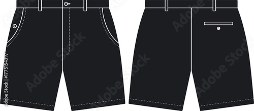 Black casual shorts front and back view, men’s summer fashion clothing, stylish apparel design, isolated garment photography for retail and e‑commerce