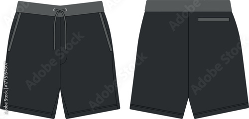 Black shorts with gray waistband, front and back view, casual athletic wear, modern men’s clothing design, comfortable sporty apparel for lifestyle