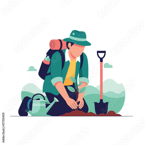 An environmentally conscious person plants a young tree in the soil, equipped with a backpack and gardening tools, promoting nature conservation.