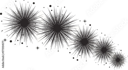 A row of spiky black shapes on a white background shape, black, white, spiky, row, background, star, pattern, design, abstract, art, illustration, graphic, element, decoration, style, texture, image, 