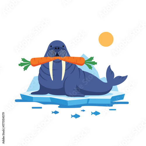 A cute cartoon walrus stands on an ice floe, happily holding a fresh orange carrot in its mouth with the sun shining above.