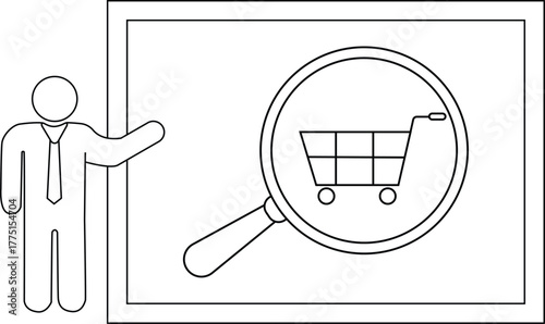 A presenter gestures to a shopping cart viewed through a magnifying glass on a screen