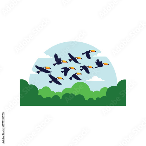 A flock of black toucans with vibrant beaks soars through a bright blue sky above a lush green forest, symbolizing tropical wildlife.