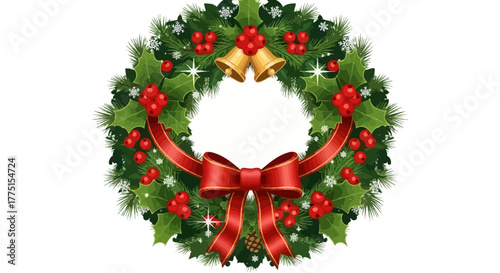 Festive Christmas wreath with holly berries and a red ribbon bow a decorative holiday element isolated on white background