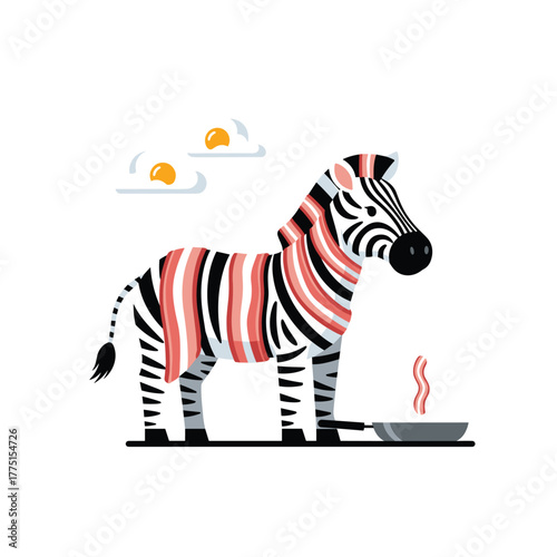 A humorous illustration of a zebra with bacon-like stripes and fried eggs in the sky, creating a whimsical breakfast scene.