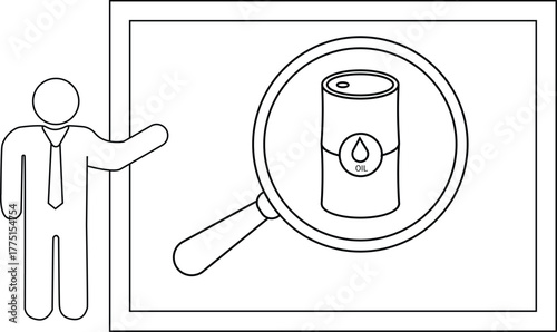 A presenter points to a framed image featuring an oil barrel under a magnifying glass