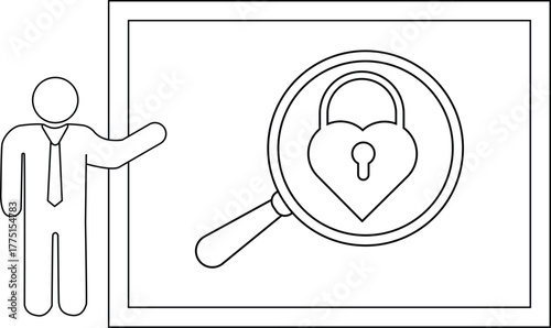 A simple black and white drawing of a person presenting a heartshaped padlock under a magnifying glass on a whiteboard