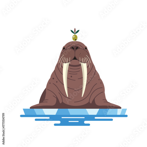 A charming illustration of a walrus with tusks and whiskers balancing a green olive on its head, sitting on an ice floe.
