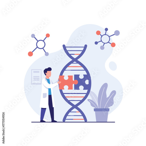 A scientist in a lab coat inserts a puzzle piece into a DNA double helix, symbolizing genetic research and gene editing.