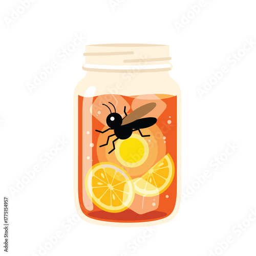 A mosquito is trapped within a mason jar, drawn to a glowing light in an orange beverage with ice and lemon slices, symbolizing a natural insect trap.
