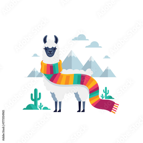 A cute llama wearing a long, vibrant striped scarf stands in a mountainous landscape with cacti, rendered in a cheerful flat design style.