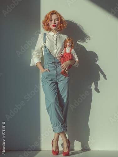 Stylish woman in retro outfit holding a doll under dramatic sunlight. Vintage fashion and artistic concept photography evoking nostalgia, confidence, and surreal storytelling with soft tones and mood.