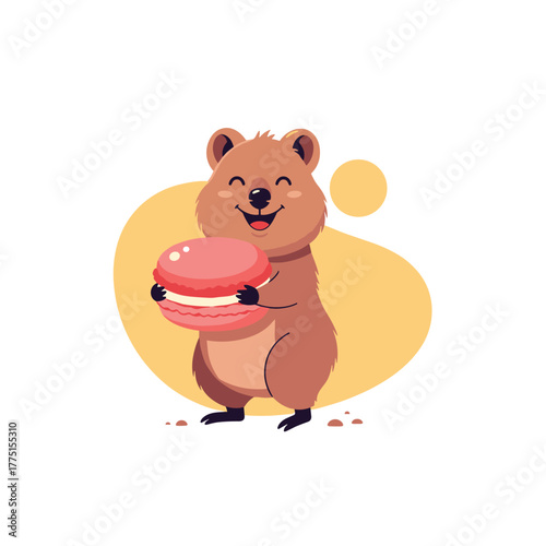 A delightful cartoon quokka with a cheerful smile stands happily, holding a scrumptious pink macaron against a simple background.