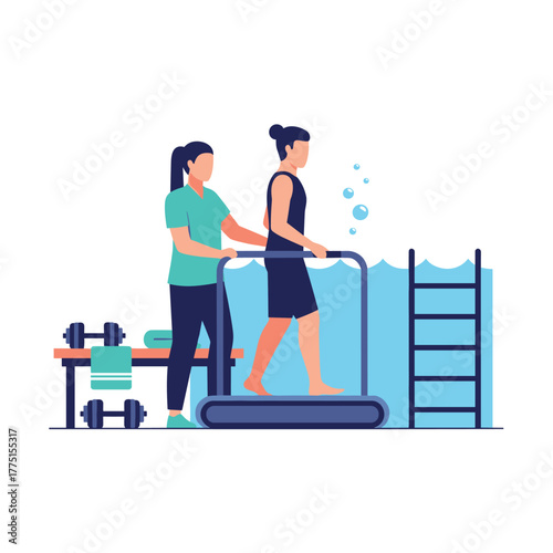 A therapist assists a patient during an aquatic therapy session, where the patient walks on an underwater treadmill for rehabilitation and exercise.