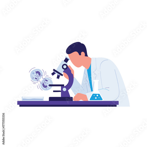 A researcher examines cells undergoing division through a microscope in a laboratory setting, conducting scientific experiments.
