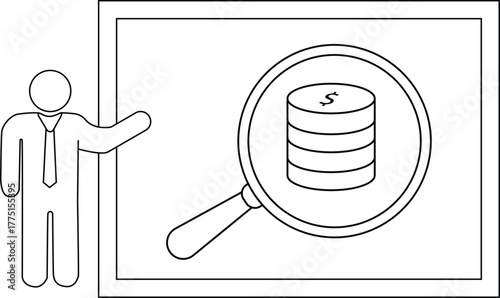 An outline image shows a person presenting a stack of coins magnified on a screen