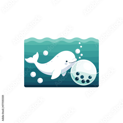 Cute beluga whale gracefully swims through the ocean, gently nudging a large bubble tea pearl surrounded by small white bubbles.