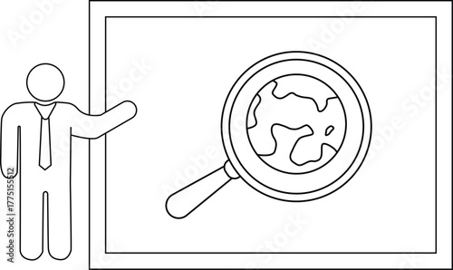 Line art drawing shows a stick figure man next to a framed magnifying glass view of a landmass