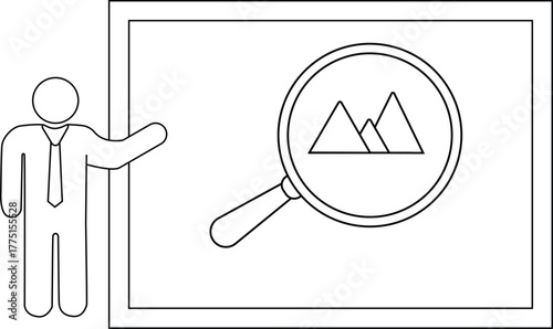 Line art shows a person presenting a screen with a magnifying glass over a mountain scene