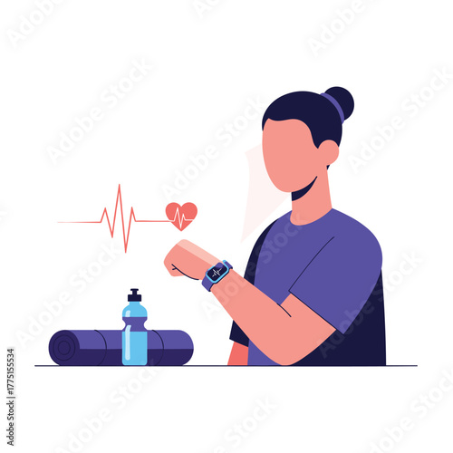 A person monitors their heart rate on a smartwatch with fitness equipment nearby, symbolizing health and wellness tracking.