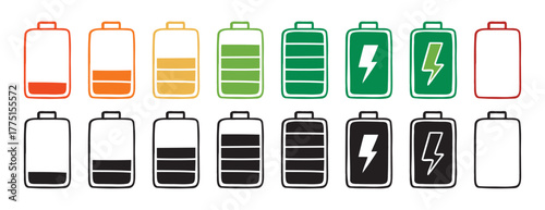 battery indicator color and black charge doodle hand drawn icon set. Outline drawing line clipart symbol collection