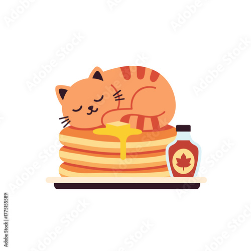 A cute orange tabby cat peacefully naps on a warm stack of golden pancakes, complete with melting butter and a bottle of rich maple syrup, embodying cozy morning comfort.