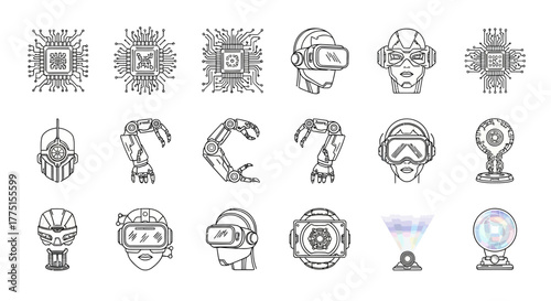 Set of futuristic technology icons vector line art illustration of artificial intelligence and robotics isolated on white background