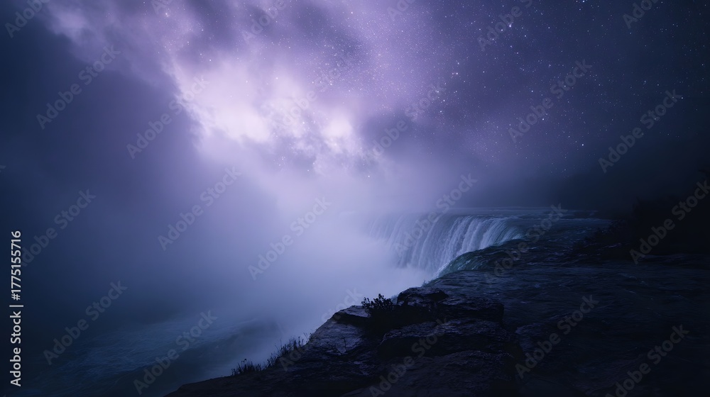 Naklejka premium Misty waterfall at night under a starry purple sky with dramatic clouds