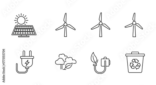 Set of renewable energy icons minimalist line art vector illustration for sustainable technology and environmental concepts isolated on white background